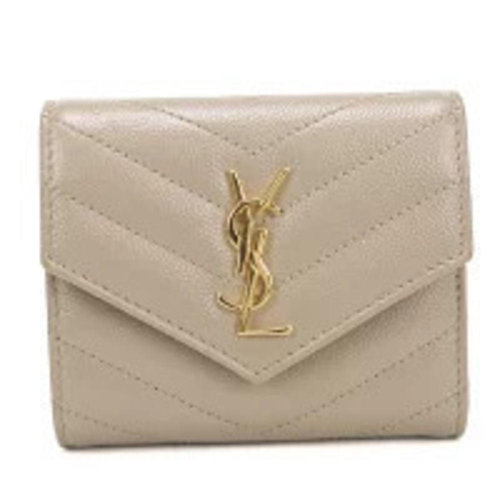 Saint Laurent Tri fold Wallet Compact Cassandra Multifold Leather Beige Cream
